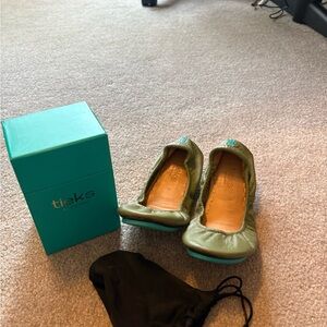 Tieks Olive Ballet Flats with Teal Soles